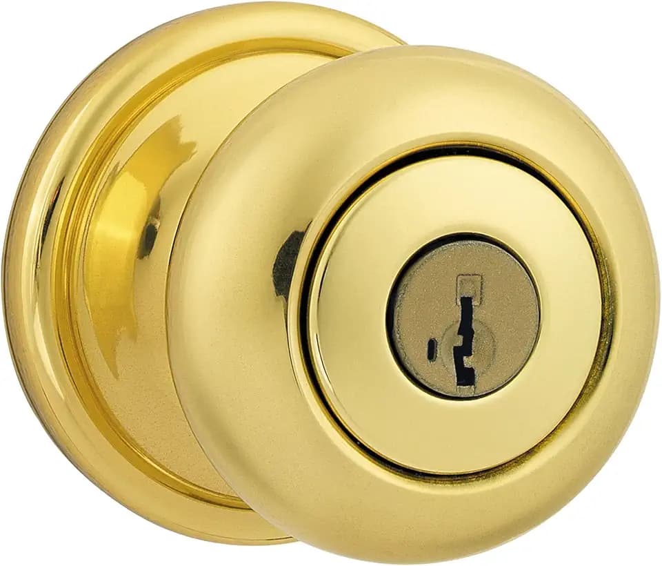 Kwikset Hancock Privacy Door Knob with SmartKey® Security, Keyed Entry, Polished Brass, for Bedroom and Bathroom