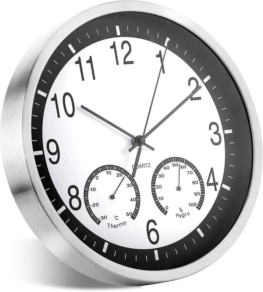 12 Zoll Modern Leise Wanduhren aus Metall für Wohnzimmer Küche Ohne Tickgeräusche Luftfeuchtigkeit Temperatur Feuchtigkeit Innenuhr Nicht Tickende Wanduhren Hängende Uhr
