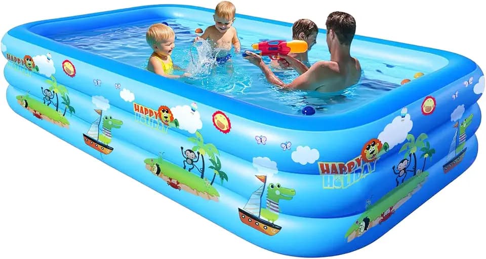 GALAXYER Aufblasbares Planschbecken mit Cartoon-Aufdruck, 3 Ringe Family Pool für Kinder, Kleinkinder, Erwachsene, Indoor Outdoor Garten Blau Swimmingpool, 205 × 125 × 45 cm