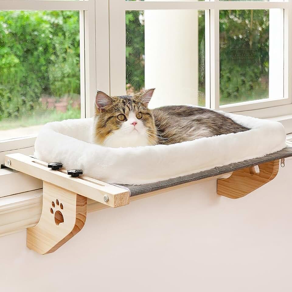 AMOSIJOY Wooden Cat Windowsill Perch with Zipper Cushion Bed, 27.5in