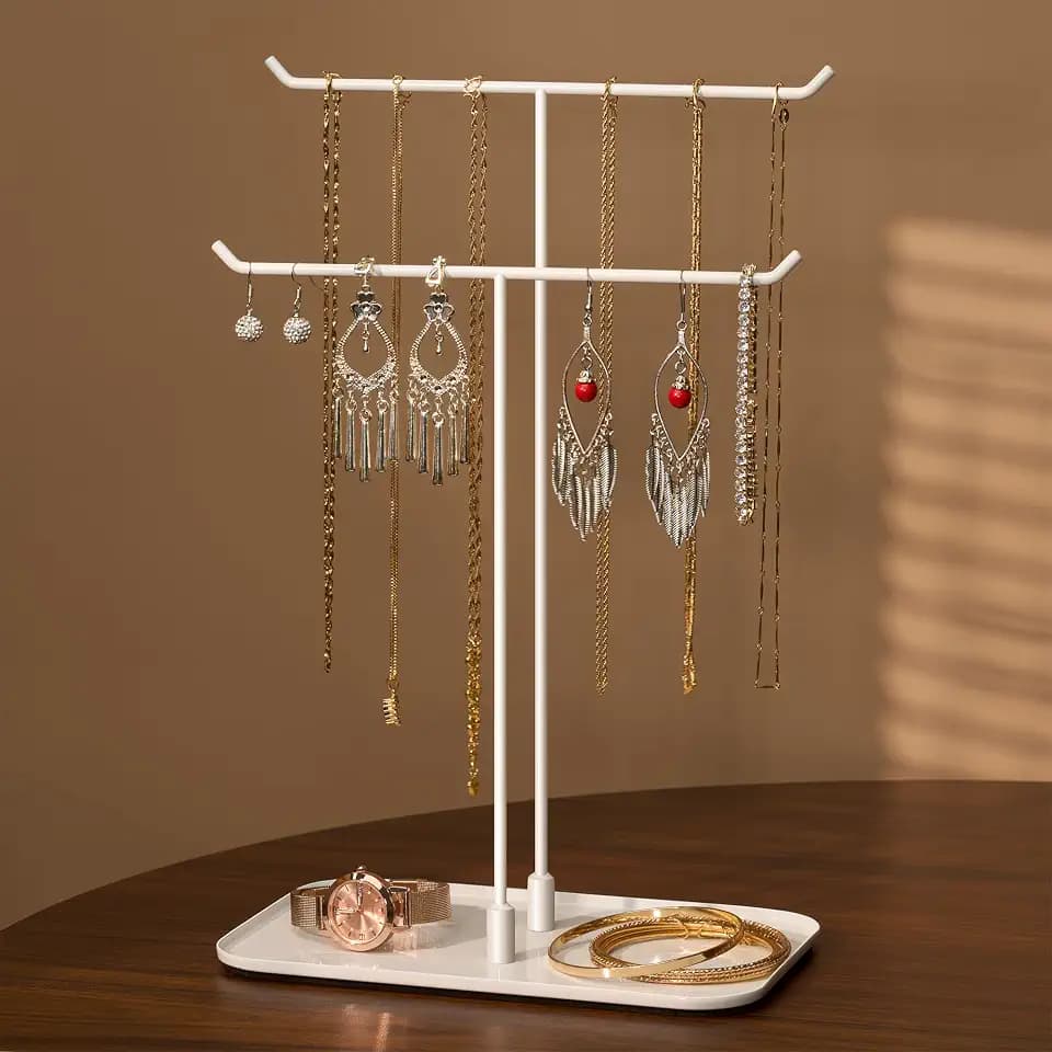 Josmimic Halskettenhalter Schmuckständer Organizer für Halsketten und Armbänder, Metallständer, Geschenk für Frauen, ideal für Zuhause, Schlafzimmer oder Schminktisch, Weiß