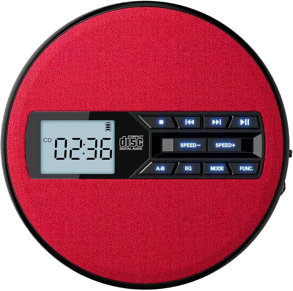 CD Player Portable with Speakers - Rechargeable Personal CD Player for Car and Home, Small Fabric Music Player with Backlit Display, Anti-Skip, AUX/USB Port - Ideal for Audiobooks & Gifts (Red)