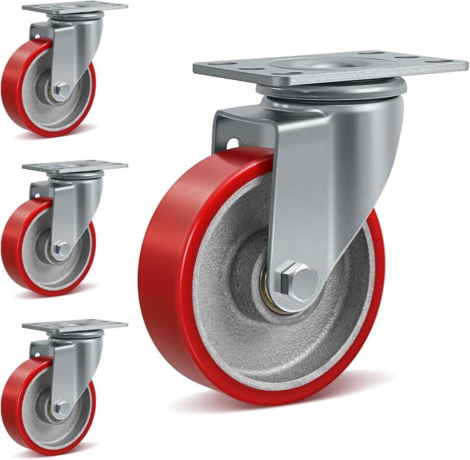 4" Industrial Heavy Duty Casters Set of 4, Polyurethane on Cast Iron Caster Wheels, 4 Swivel, 1800 lbs Capacity, for Cart, Workbench, Toolbox, Equipment