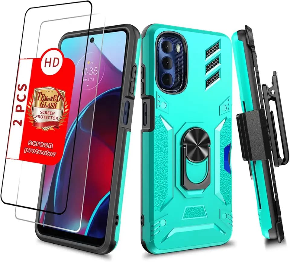 Heavy Duty Military Grade Phone Case for Moto G 5G 2022 with Belt Clip, Ring Holder, and Screen Protector Turquoise