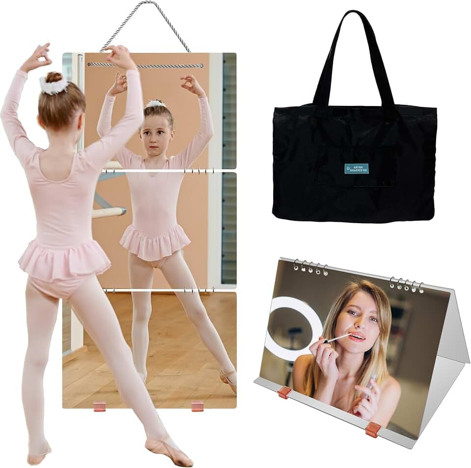 Artan Balance 3-Piece Hanging Mirror for Dance Bag, Shatterproof Acrylic Dance Competition Mirror, Approx. 24 x 12 in Total Size, Portable Travel Mirror Set with Storage Bag