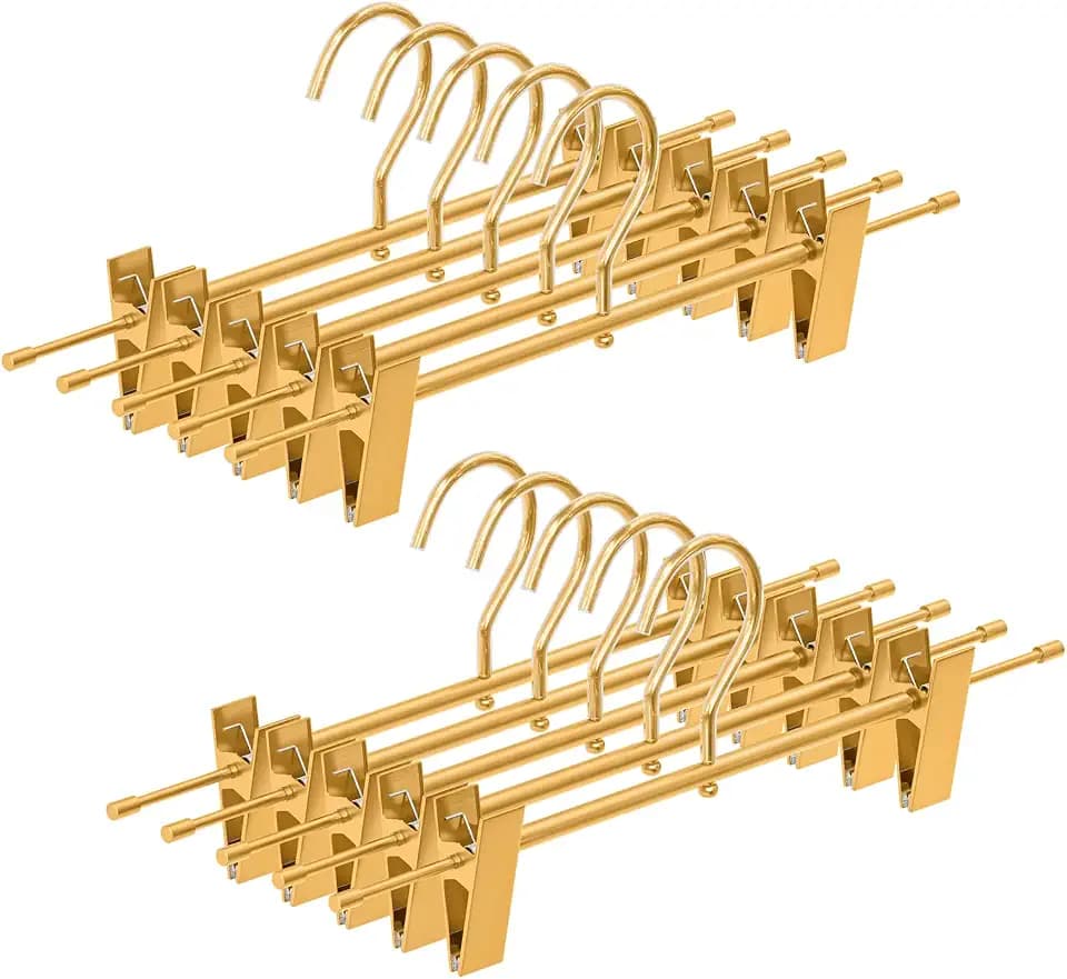 10 Pack Gold Metal Pants Skirt Hangers with Clips & Swivel Hooks