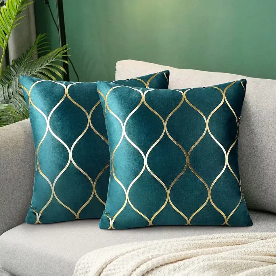 Kissenbezug mit Gold Sofakissen Türkis Kissenbezüge 2er Pack Kuschelige Kissenhülle für Couch Bettsofa Bunt Geometrisch 40x 40cm Petrol Blau