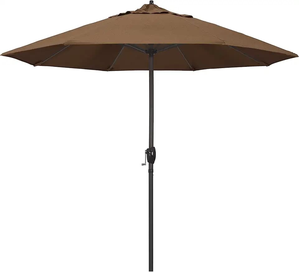 California Umbrella 12-Year Protection 9-Ft Outdoor Patio Umbrella, Sunbrella Fade-Resistant Acrylic Fabric, Auto Tilt and Crank, Heavy-Duty Aluminum Frame/ Reinforced Ribs, Bronze Pole, Teak