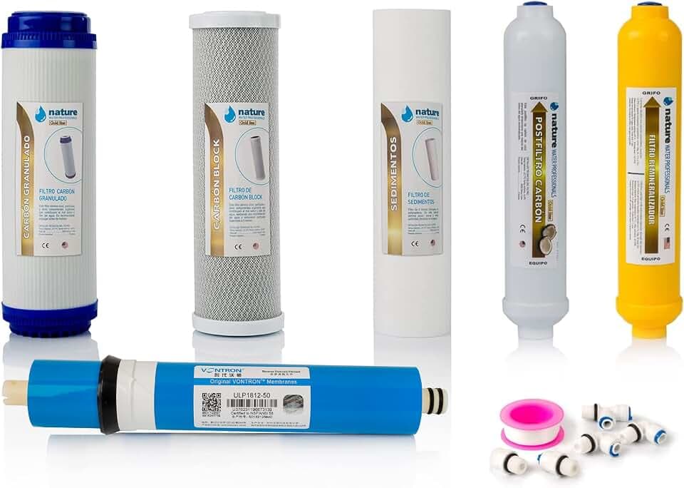 NATURE WATER PROFESSIONALS - Set mit 5 Universalfiltern für Umkehrosmose — beinhaltet Vontron 50GPD Membran, Teflonrolle, Stecker und T — ideal für universelle 6-stufige Geräte —