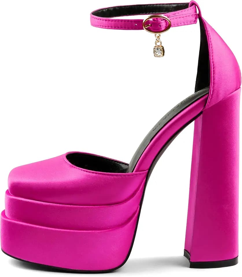 MERUMOTE Women's Chunky High Heels Platform Pumps, Rose Satin, US7