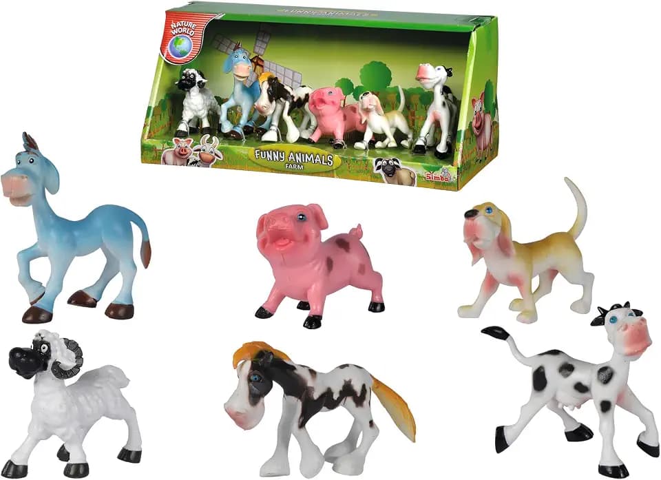 Simba Funny Animals Farmtiere, lustige Tierfiguren, 6 Stück, kindlich gestaltet, 7-10cm, Tier Figuren, Spielfiguren, ab 3 Jahre