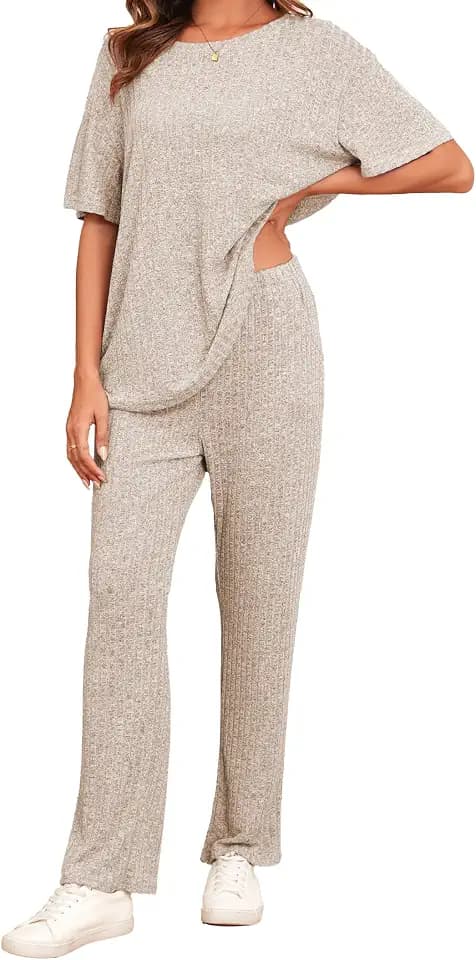 Famulily Schlafanzüge für Damen Sommer Kurzarm Loungewear Hausanzug Weites Bein Freizeitanzug Zweiteiler Set Outfit mit Taschen