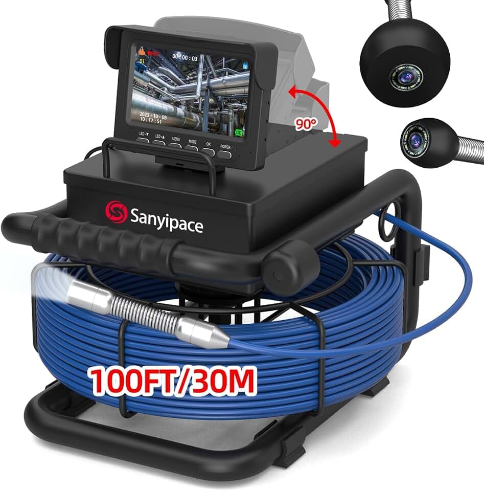 Rohrkamera 30M mit Licht, Sanyipace kanalkamera mit 4.3" Bildschirm, DVR & Audio Recorder, IP68 Wasserdicht Kanalinspektionskamera, 5600mAh Akku, Mikrofon, Inklusive 32GB TF-Karte