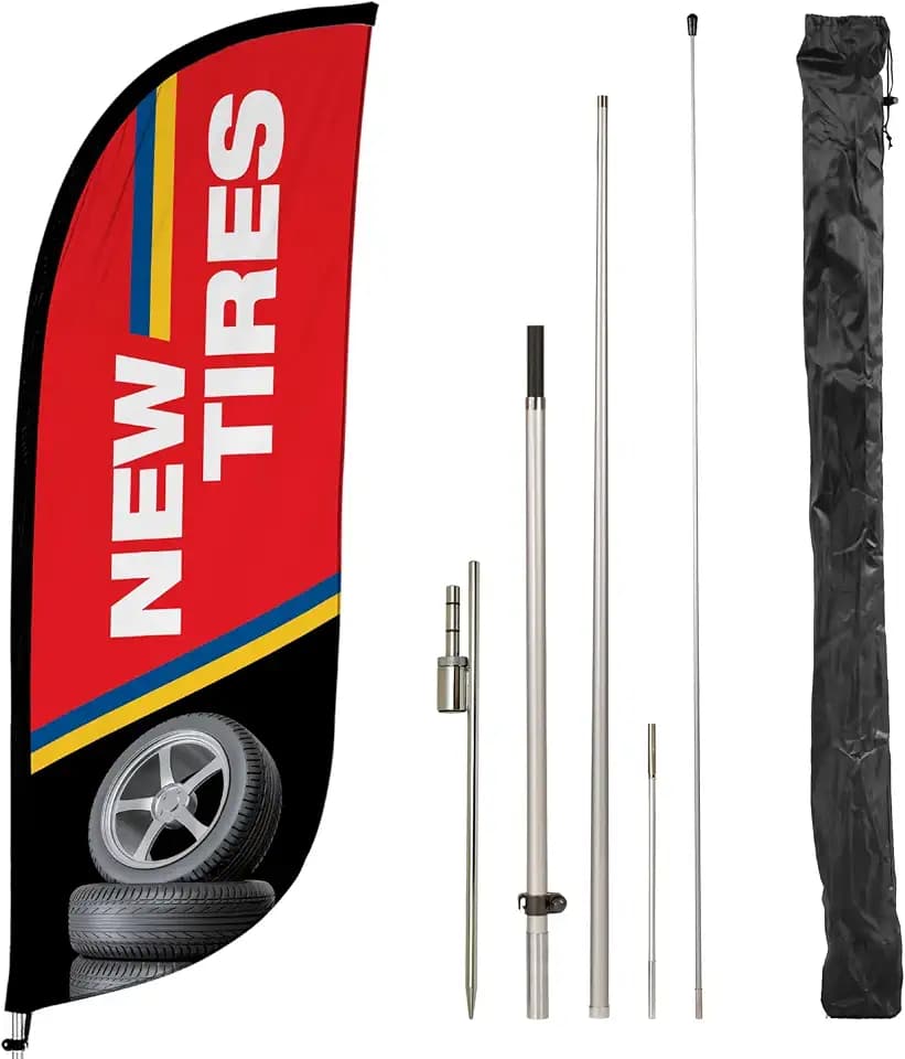 LookOurWay Feather Flag Pole Kit - 9 Feet Tall Advertising Banner with Fiberglass Pole Set and Ground Spike for Business Promotion - New Tires - Red/White