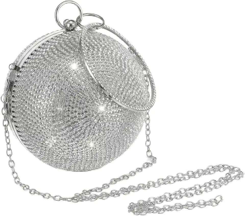 Disco Ball Round Purse, Evening Handbag Rhinestones Shoulder Bag for Women, Silver Crystal Clutch with Chain, Wedding Engagement Party Decoration Gift Supplies