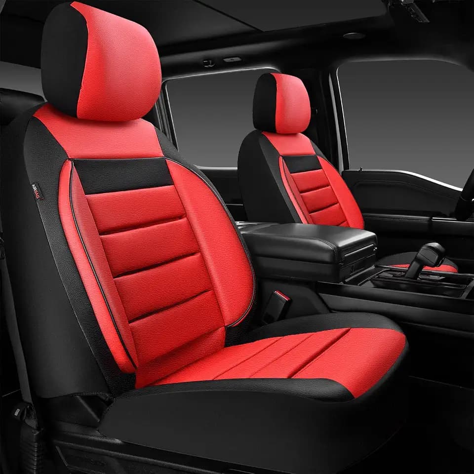 CAR PASS Leather Car Seat Covers Front Seats Only, Universal Fit Automotive Interior Waterproof 3D Foam Back Support Car Seat Covers for Trucks Vans and SUVs Airbag Compatible 2 Pieces （Black Red