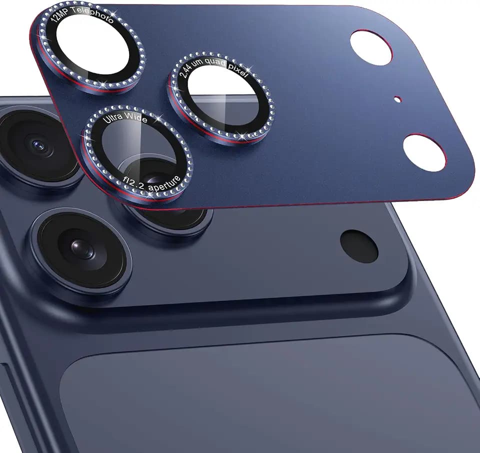 Casetego for iPhone 17 Pro Camera Lens Protector,[Upgraded Glitter Design],[Strong Adhesion],Completely Shiny 9H Tempered Glass Lens with Metal Accessories Camera Protection for Women,Dull Blue