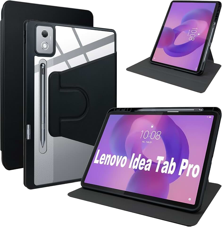 Hülle Kompatibel mit Lenovo Idea Tab Pro, 360 Grad Drehbarer Schutzhülle mit klappbarem Ständer/Stiftschlitz, PU-Leder + Klare Acrylhülle, Schwarz