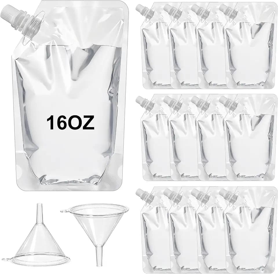 100 Pcs Drink Pouches 16OZ Reusable Sneak Travel Drinking Flask Juice Travel Plastic Flasks Bags Drink Bags with 2 Funnel for Outdoor Sports, Concerts, Events
