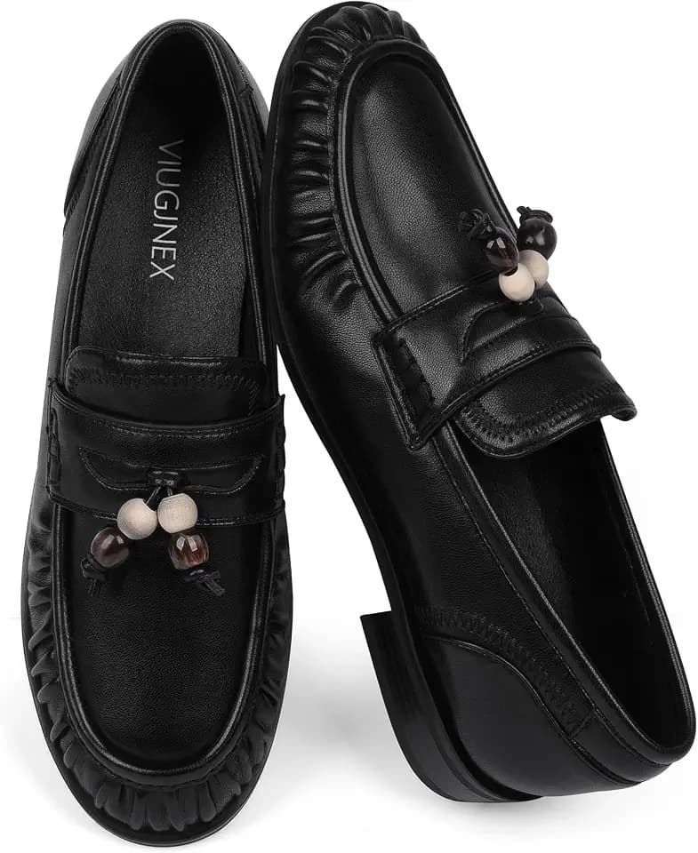 VIUGJNEX Penny Loafers for Women Comfort Flats Shoes Ruched Toe Moccasins