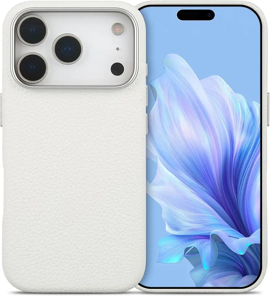 QUARK for iPhone 17 Pro Genuine Leather Case Fit for MagSafe, Premium Litchi Grain Cowhide Cover, 2025 New Shockproof &Slim Protective Case with Soft Microfiber Lining, (6.3 inch),White