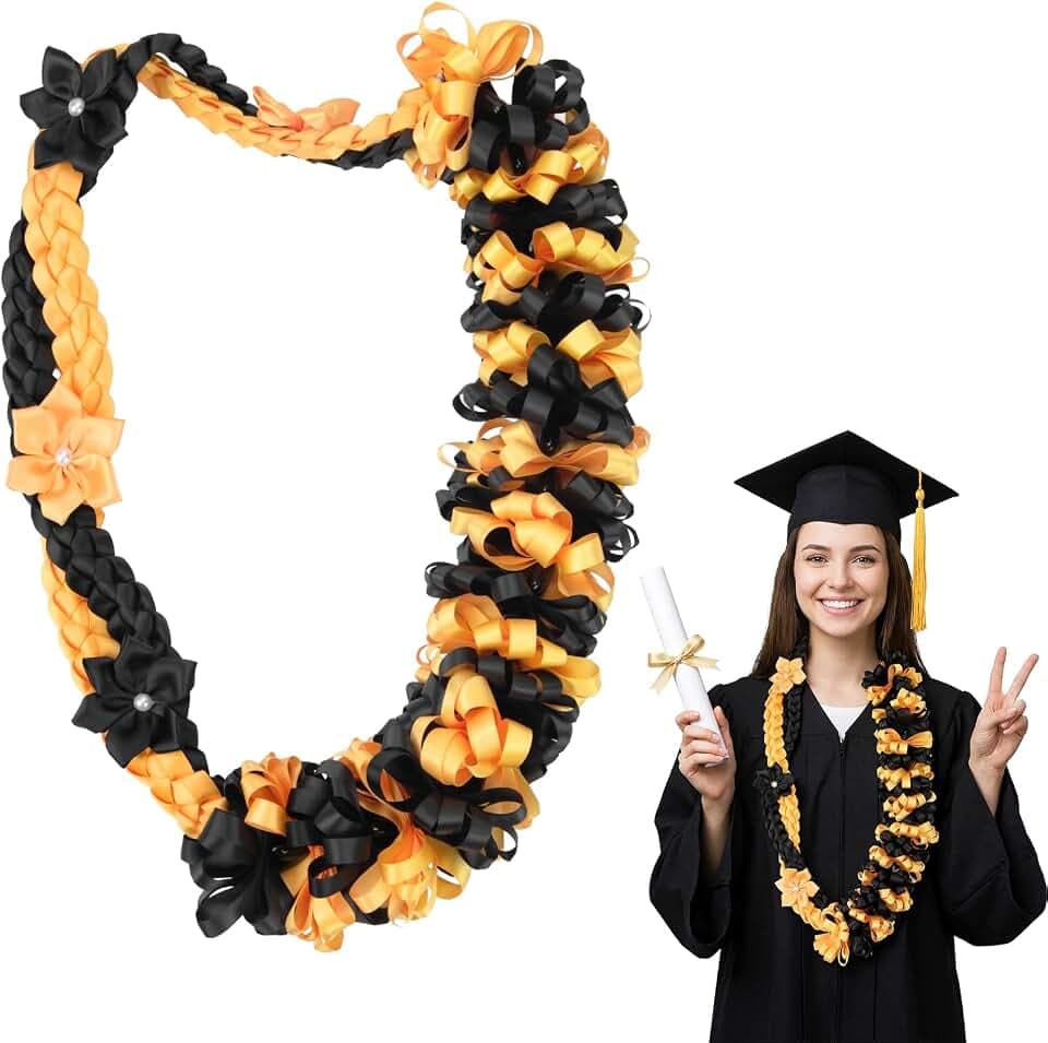 Meetory Graduation Leis - Class of 2026 Ribbon Lei, Double Braided Strands, Congrats Graduates, Gift for Grad Accessories, Graduation Party Supplies, Men Women (Gold and Black)