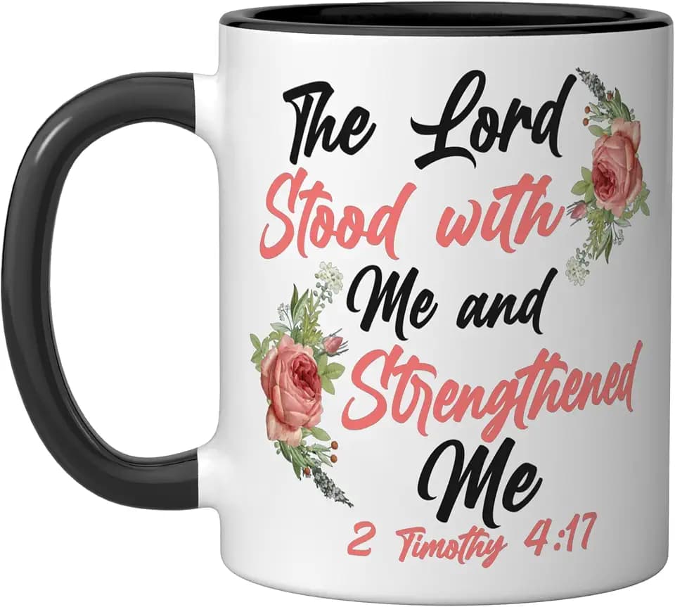 Christian Bible Verse Quote Rose Flower 2 Timothy 4:17 Ceramic Mug, Black/White, 11oz