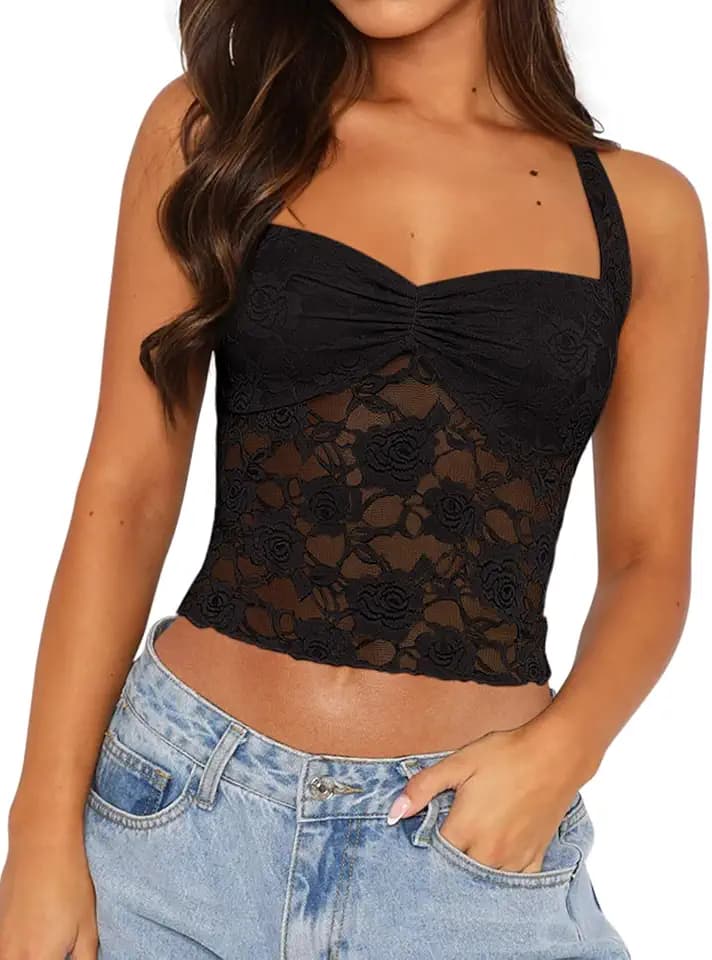REORIA Women's Halter Lace Tops Trendy Going Out 2026 Summer Y2K Crop Tank