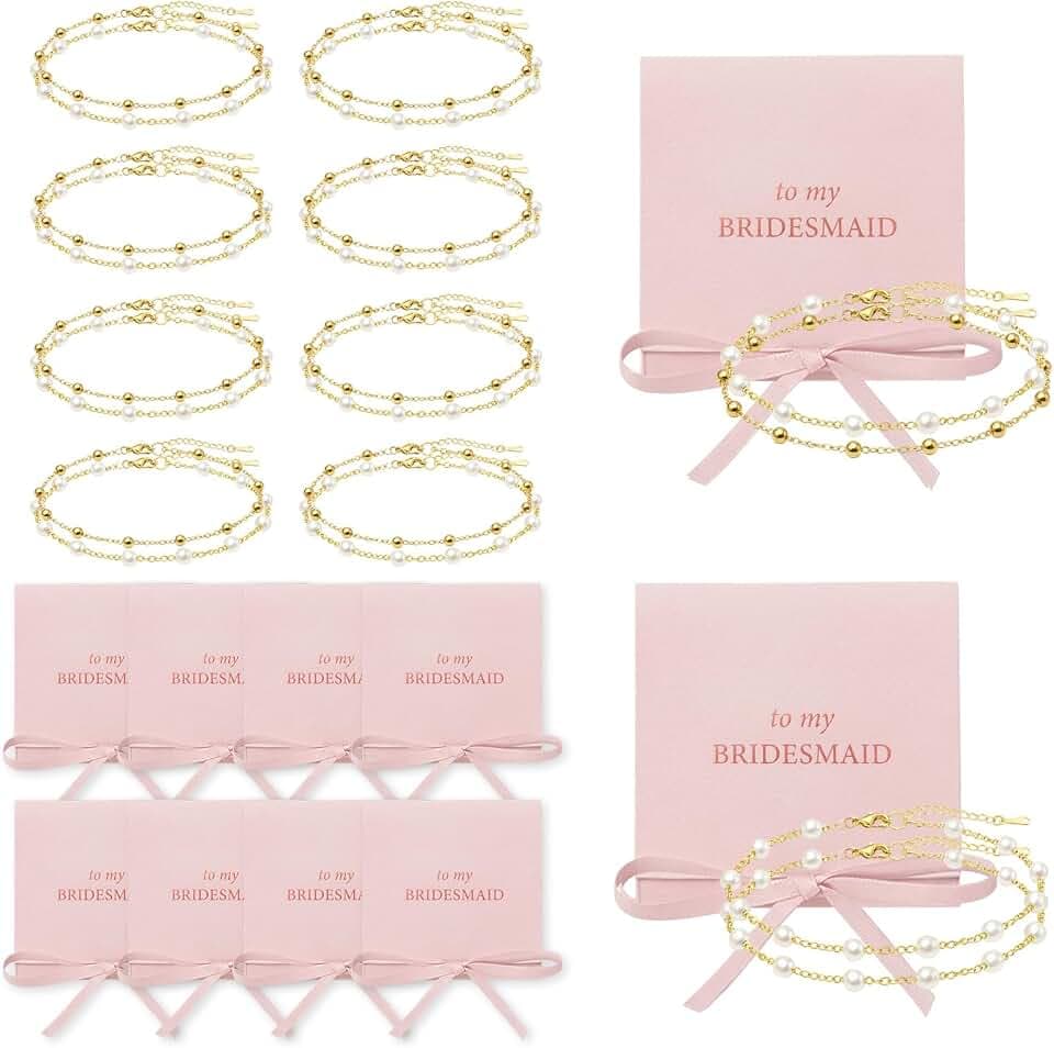 Dreamfox 24PCS 8 Set Bridesmaid Gift Pearl Bracelets for Women 18K Gold Bracelets Bulk Surgical Stainless Steel Bridesmaid Jewelry for Wedding Party Favor
