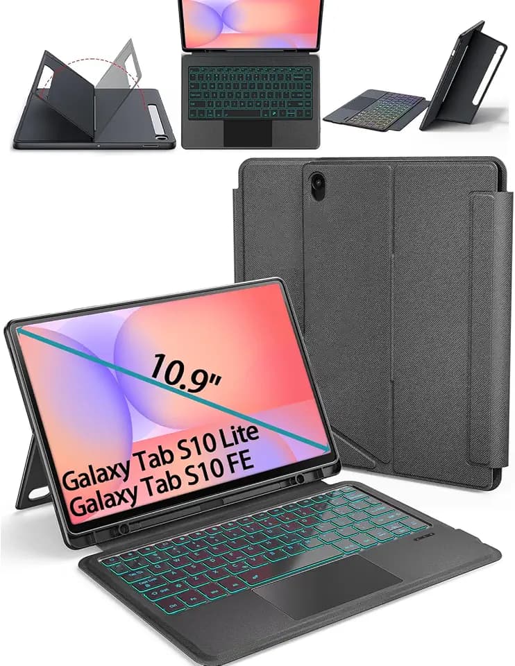 for Samsung Galaxy Tab S10 FE | S10 Lite Keyboard Case 10.9", S Pen Holder, 7 Color Backlit Keyboard with Trackpad, Detachable Cover with Adjustable Viewing Angle Stand for Tablet S9 FE | S9