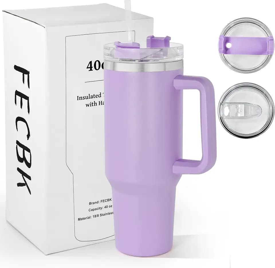 Thermobecher mit Strohhalm, Henkel und 2 Deckeln 1,2L, Lavendel