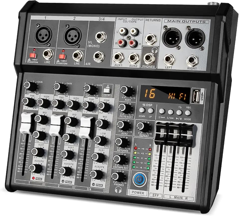 Depusheng Professioneller Audiomixer, 4-Kanal-Audio-Interface-Soundboard-Mischpultsystem, 16-Bit-DSP-DJ-Bluetooth-Mixer + 48-V-Phantomeffekt für Karaoke-Studio-Streaming-Aufnahmen (XT4 EU)