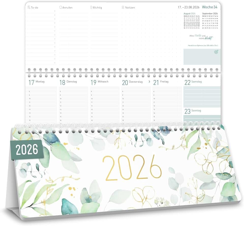 Häfft® Wochen-Tischkalender 2026 quer mit Aufsteller "Blattgold"