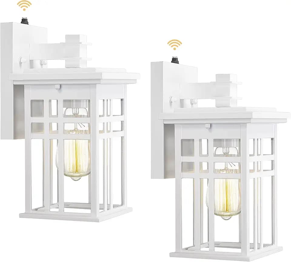 Dusk to Dawn Outdoor Wall Light 2 Pack - HWH Exterior Wall Sconce Light Fixture, Outdoor Porch Light Wall Lamp for Garage, Doorway, Balcony, Garden, Glossy White Finish, 5HD27B-PC-2PK WH