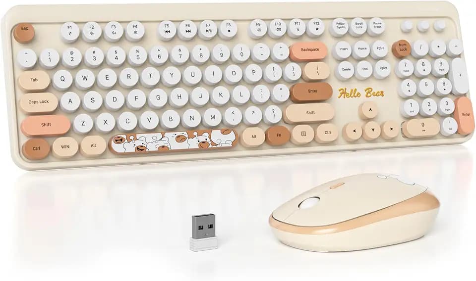 2.4G Colorful Keyboard, 104 Key Off White Wireless Customized Membrane Round keycaps Retro Typewriter Office Keyboard for PC/Mac/Laptop/Tablet/Computer Windows (Off White)
