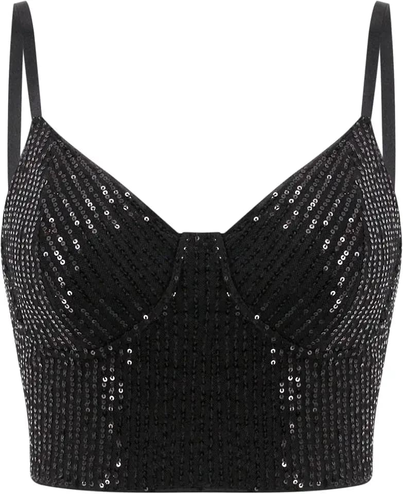 Erinaco Women's Sexy Sequins Crop Top Spaghetti Strap Tank Top Sleeveless