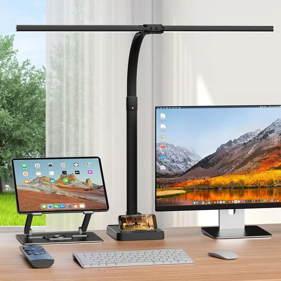 Doppelkopf Schreibtischlampe LED Dimmbar mit Sockel, 24W 76CM Schreibtischlampe Klemmbar, 3200K-6500K Schwanenhals Büro Tischlampe Augenschutz Arbeitsplatzleuchte Monitor Lampe PC Lampe