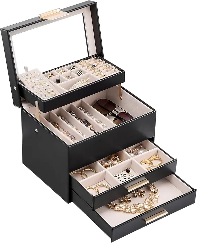 Lolalet Jewelry Box, Clear Window Jewelry Organizer with Drawer for Earrings Bracelets Necklaces Rings, Jewelry Storage for Women -Black, 4 Layers