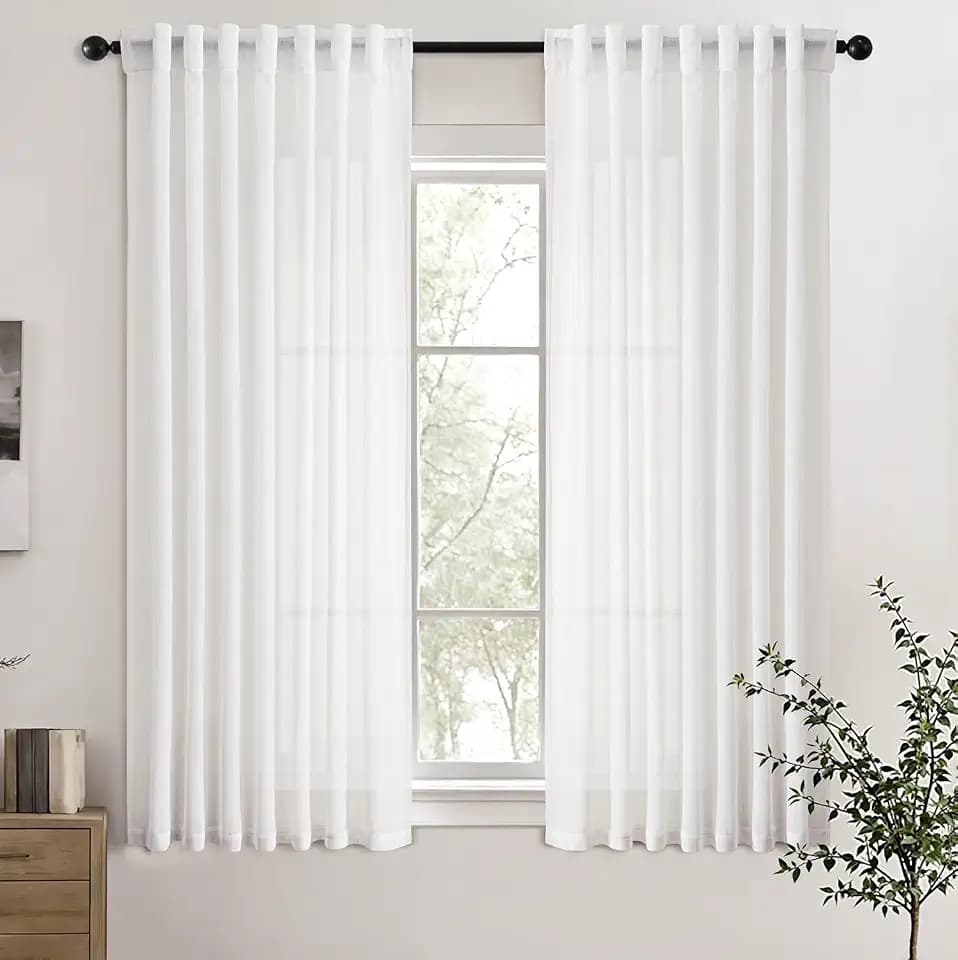 ANRODUO White Semi Sheer Linen Blend Curtains 54 Inch Length 2 Panel Set