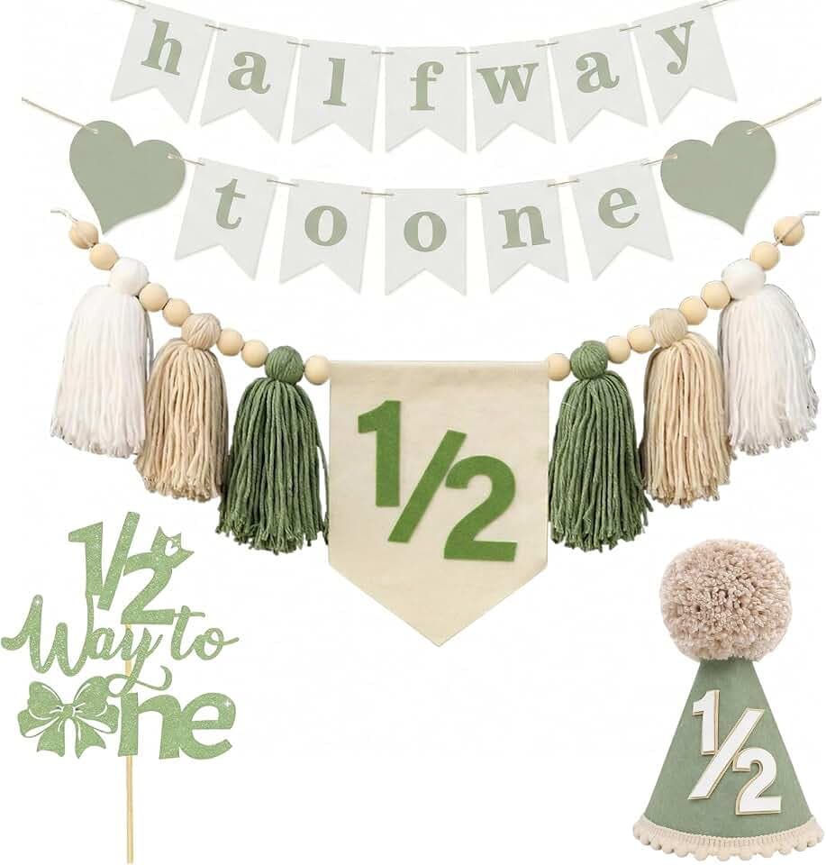 1/2 Birthday Boy Half Birthday Decorations Half Way to One Baby Boy High Chair Banner With Cone Hat,Half Cake Topper And 6 Months Birthday Garland Photo Props For Boy Wall Hangings Decorations(1/2 Green-1)