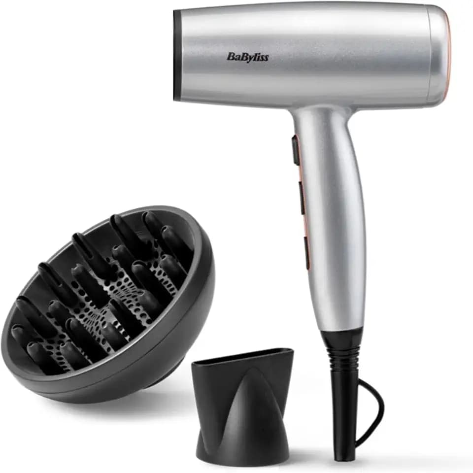BaByliss Cosmos Leichter Haartrockner mit Diffusor – 2100W Leistungsstarker, Eleganter Föhn, Ionen-Technologie gegen Frizz, 3 Heiz- & 2 Gebläsestufen, Silber, D580DE