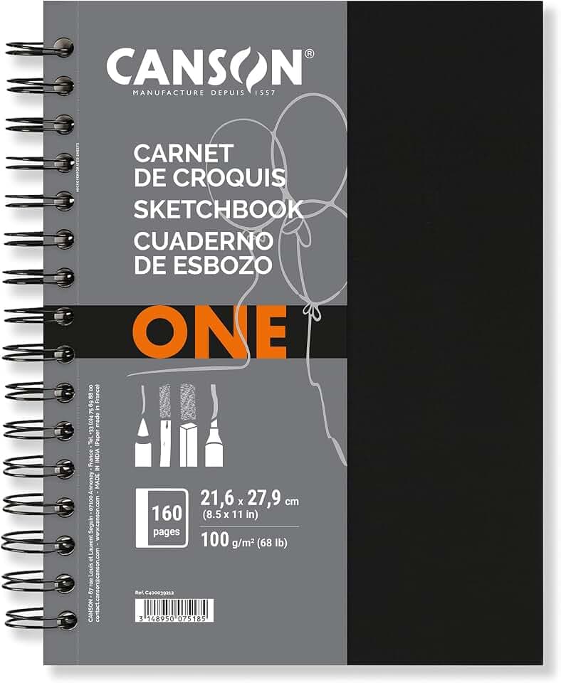 CANSON Art Book One, Skizzenbuch, Leichte Körnung, 100g/m², an der langen Seite Spiralgebundenes Buch, Hardcover, 21,6 x 27,9 cm, Weiß, 80 Blatt