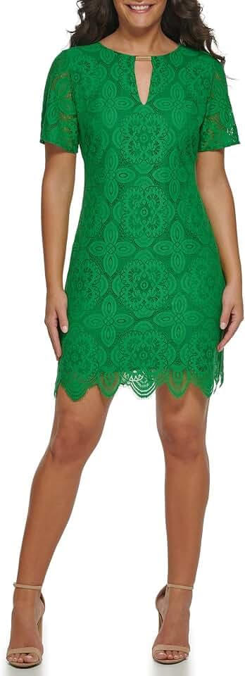 Kensie Women's Short Sleeve Keyhole Lace Mini Shift Dress