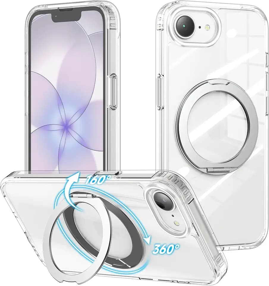 Cresee Case for iPhone 17e / iPhone 16e Phone Case, 360° Magnetic Ring Stand Compatible with Magsafe, Clear Hard Back + TPU Bumper Shockproof Cover with Magnets for iPhone 17e / 16e - Transparent