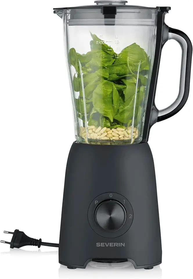 Severin Standmixer, Smoothie Maker, Blender elektrisch, 1,5L, 2 Stufen, Impulsfunktion, spülmaschinengeeignete Teile, leistungsstarker Küchenmixer mit Edelstahlmesser, 600W, schwarz, SM 3722