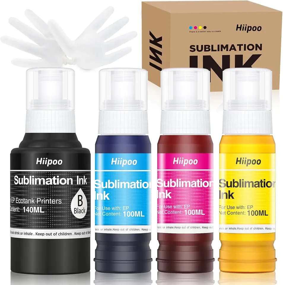 Hiipoo 440ML Sublimation Ink Refilled Bottles Compatible for ET2400 ET2720 ET2760 ET2750 ET4800 ET-2800 ET-2803 ET-2850 Inkjet Printers Heat Press Transfer on Mugs T-Shirts, 1BK/1C/1Y/1M