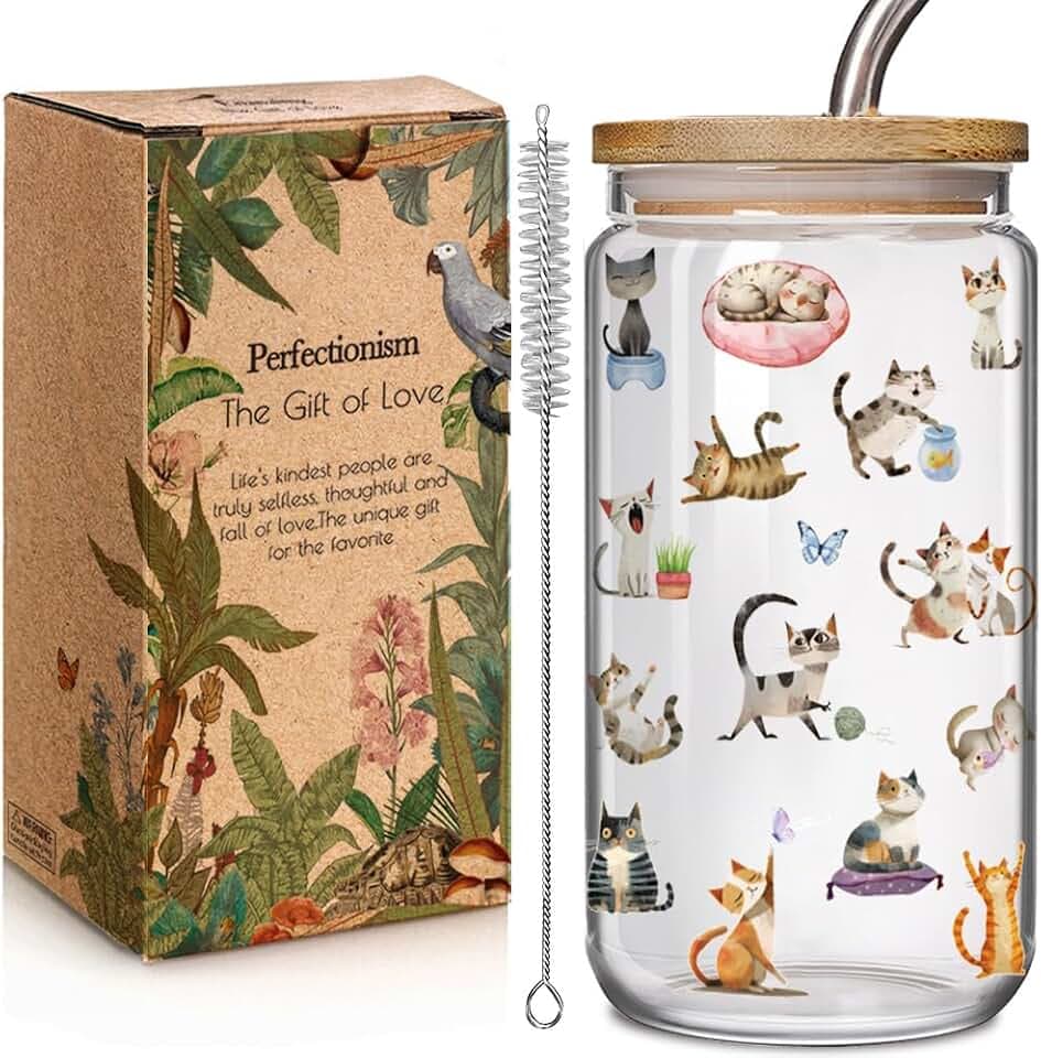 Funny Cat Glass Cups with Lids and Straws Gifts for Love Cats Women Girls, Cute Cool Cat Lover Gifts Decor Stuff Accessories, Cats Lovers Owners Christmas Gift for Daughter Sister Aunt Best Friends