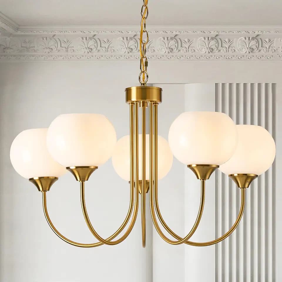 Modern Globe Chandelier 5 Light Mid Century White Milk Glass Vintage Sputnik Hanging Chandeliers Gold Pendant Light Fixtures for Dining Room Kitchen Living Room Bedroom