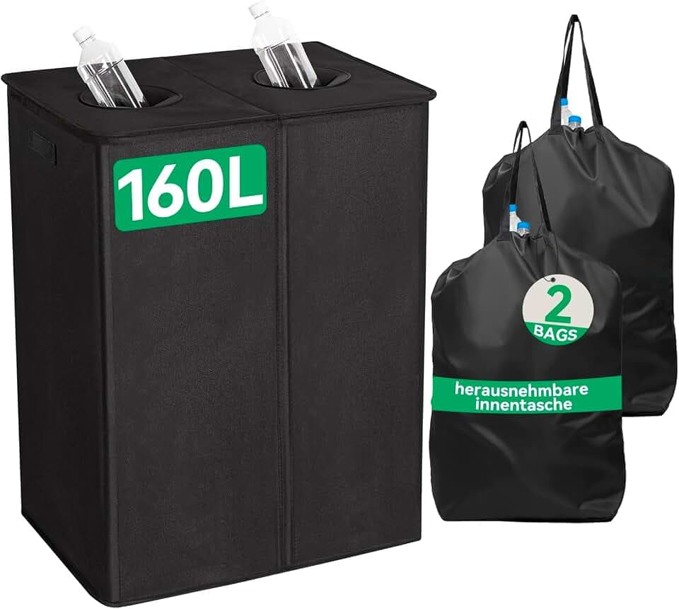 WOWLIVE Pfandflaschen Sammelbehälter 160L wit 2 fächer & 2 Tragetasche, Groß Flaschensammler mit Loch Küche Abstellraum Flaschentasche，Schwarz
