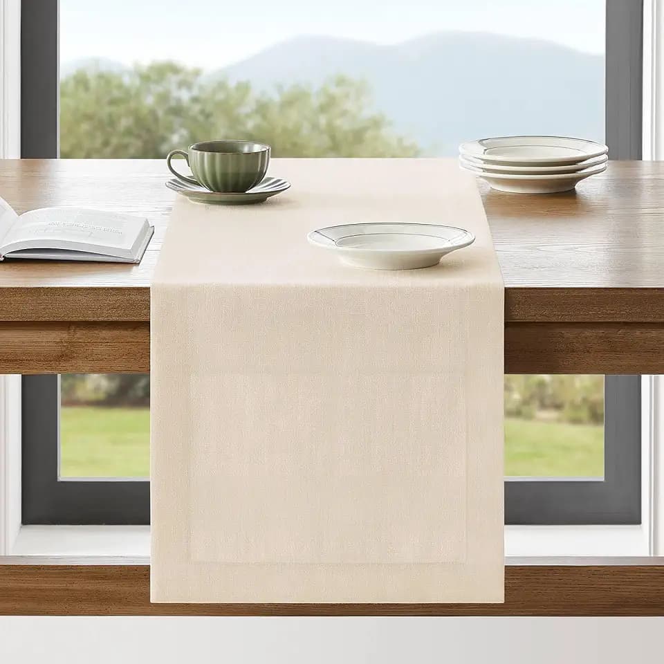 ZeeMart Linen Textured Border Table Runner, 14 x 48 Inch Cream